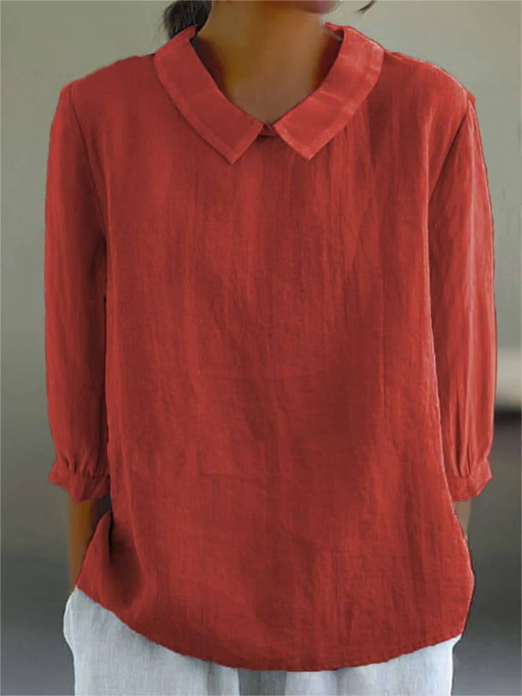 Women's Solid Color Casual Cotton And Linen 3/4 Sleeve Shirt