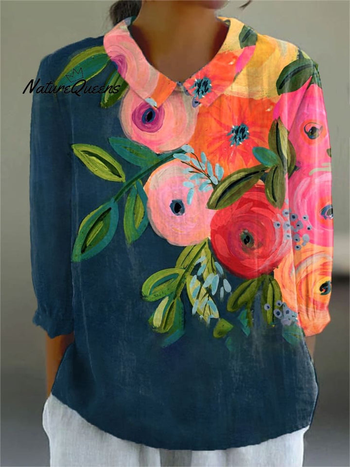 Women's  Floral Art  Print Casual Cotton Shirt