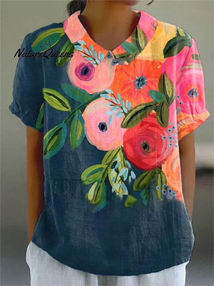 Women's  Floral Art  Print Casual Cotton Shirt