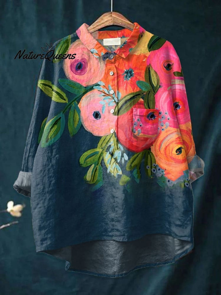 Women's  Floral Art  Print Casual Cotton Shirt