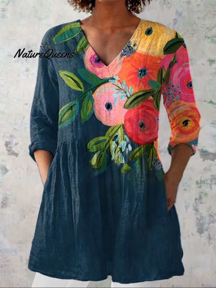 Women's  Floral Art  Print Casual Cotton Shirt