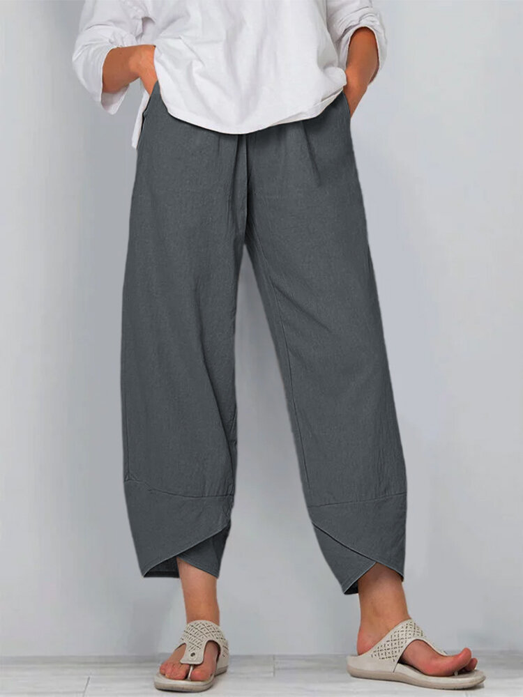 Women's Solid Color Loose Elegant Casual Simple Cotton And Linen Ninth Pants