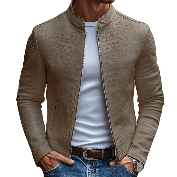 Men's Fashion Stone Pattern Stand Collar Zipper Slim Fit Leather Jacket 45773252M