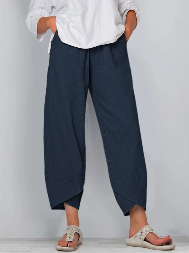 Women's Solid Color Loose Elegant Casual Simple Cotton And Linen Ninth Pants