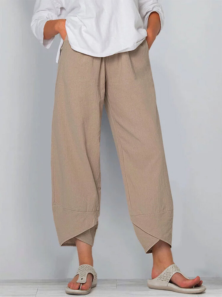 Women's Solid Color Loose Elegant Casual Simple Cotton And Linen Ninth Pants